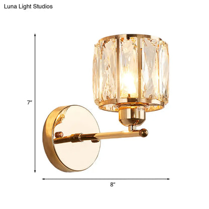 DecorBites™ Gold Wall Lamp Beveled Cut Crystal Cylinder Sconce Light Fixture - Simplicity in 1 Head Design