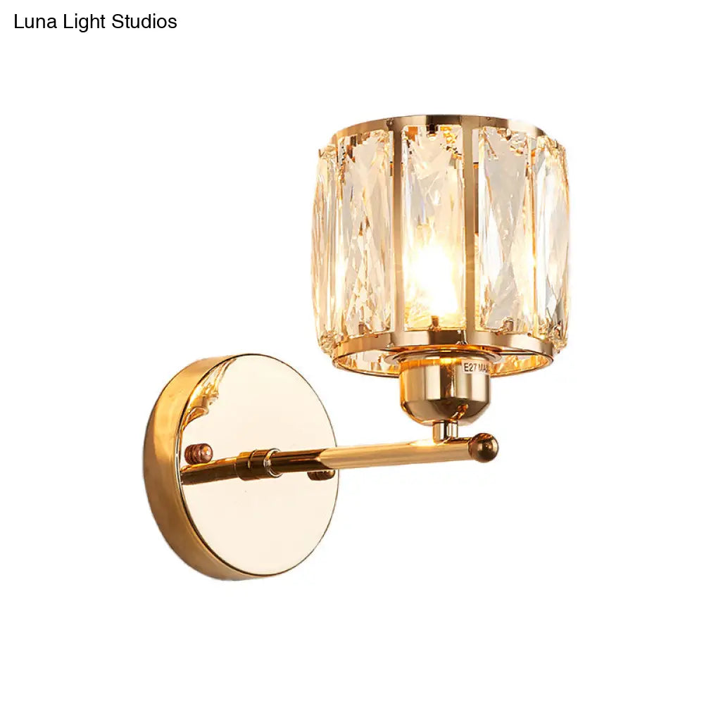 DecorBites™ Gold Wall Lamp Beveled Cut Crystal Cylinder Sconce Light Fixture - Simplicity in 1 Head Design