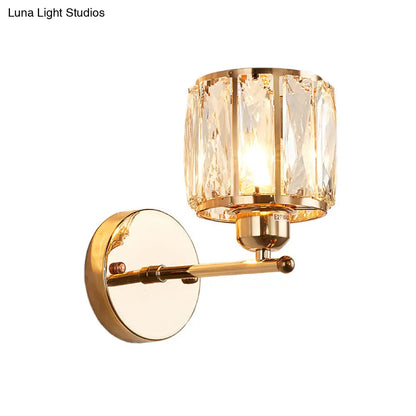 DecorBites™ Gold Wall Lamp Beveled Cut Crystal Cylinder Sconce Light Fixture - Simplicity in 1 Head Design