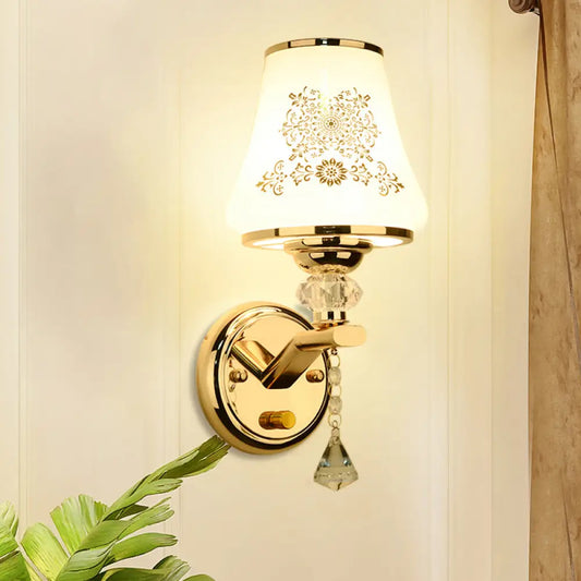 DecorBites™ Gold Wall Light with Crystal Accent and White Tapered Glass Shade