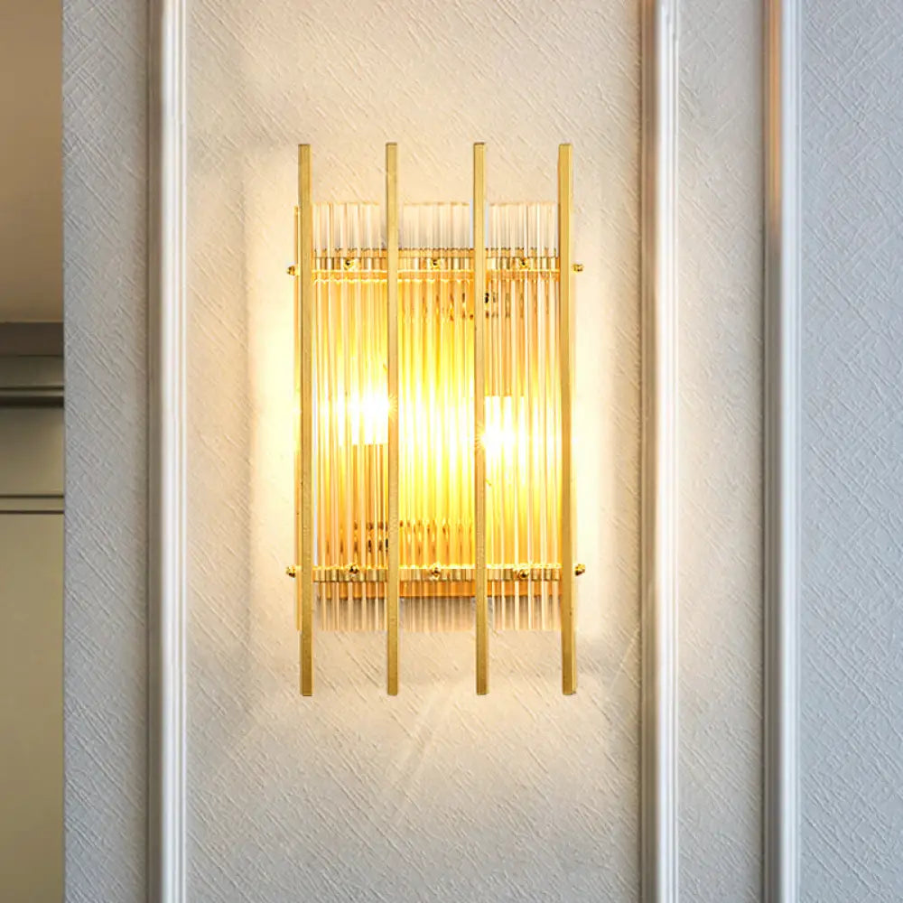 DecorBites™ Gold Wall Mounted Light Fixture with Clear Crystal Rods - Modern Cylindrical/Rectangle Design - Ideal for Hallways (2 Heads)