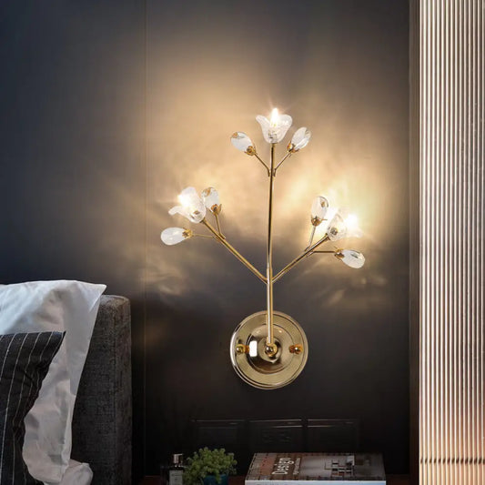 DecorBites™ Gold Wall Sconce with Crystal Flowers and Leaves, 3 Lights, Simple Style