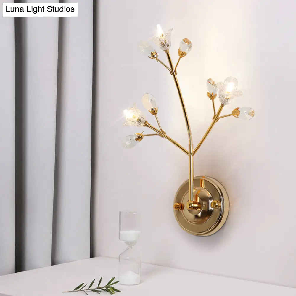 DecorBites™ Gold Wall Sconce with Crystal Flowers and Leaves, 3 Lights, Simple Style