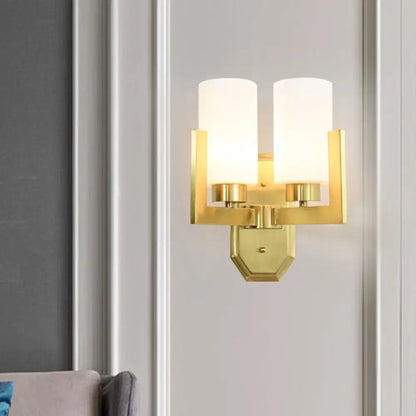 DecorBites™ DecorBites™ Gold Wall Sconce with Milk Glass Shades and Modernist Cylinder Design (2 Heads)