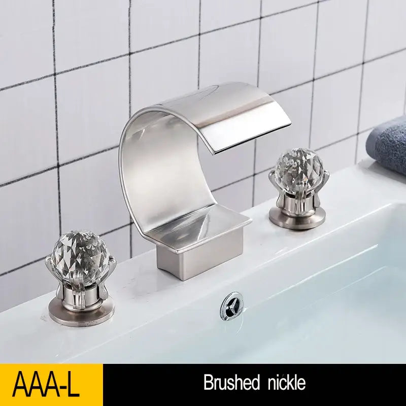 Brushed nickel basin faucet with crystal knob handles decorbites gold waterfall double handle for bathroom use