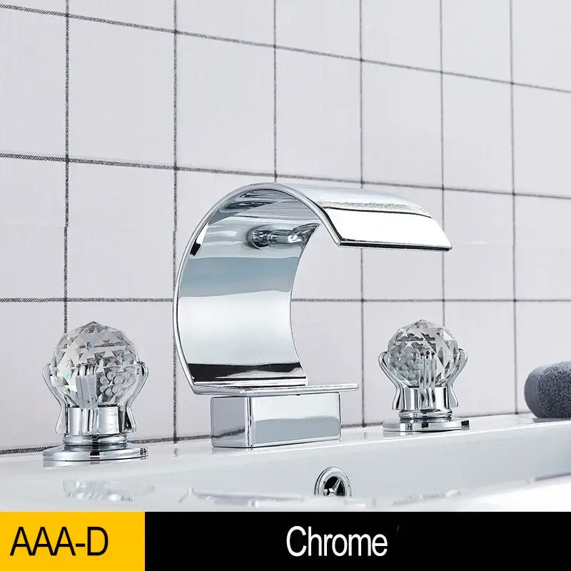 Chrome finished basin faucet with crystal knob handles decorbites gold waterfall double handle bathroom design