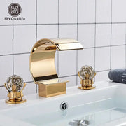 Gold waterfall double handle basin faucet with crystal knob handles in decorbites gold waterfall finish for bathroom use