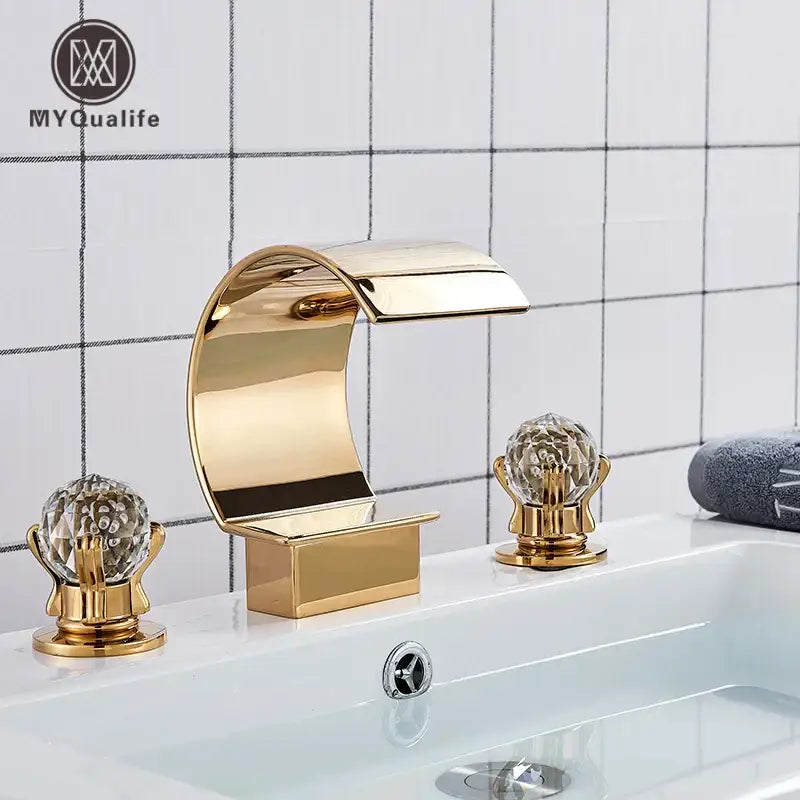 Gold waterfall double handle basin faucet with crystal knob handles in decorbites gold waterfall finish for bathroom use