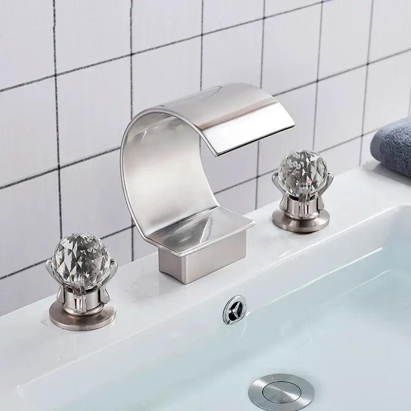 Stainless steel basin faucet with crystal knob handles gold waterfall double handle decorbites gold waterfall design
