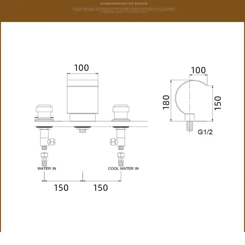 Technical schematic diagram of decorbites gold waterfall double handle basin faucet with crystal knob and precise dimensions