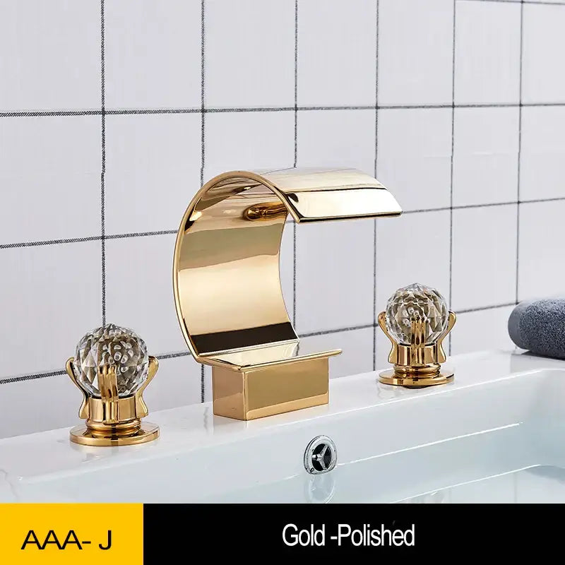 Gold waterfall double handle basin faucet with gold-polished finish and crystal knob handles for bathroom decorbites gold waterfall