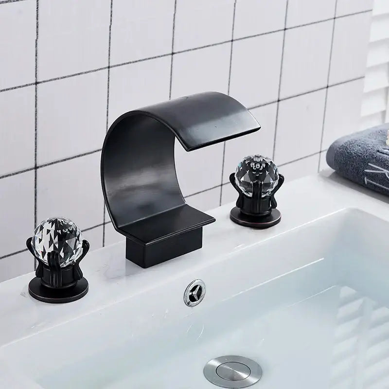 Black matte-finish basin faucet with crystal knob handles for decorbites gold waterfall double handle bathroom use