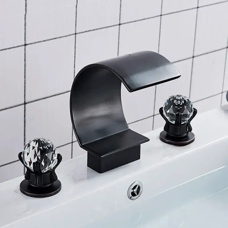 Black matte basin faucet with crystal globe handles for decorbites gold waterfall double handle bathroom use