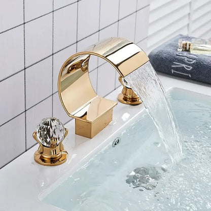 Gold waterfall double handle basin faucet with polished gold finish and crystal knob handles by decorbites gold waterfall