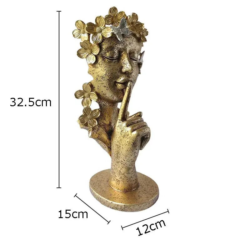 Golden resin sculpture of serene woman with floral wreath and butterflies elegant garland figure for living room decorbites gold silence
