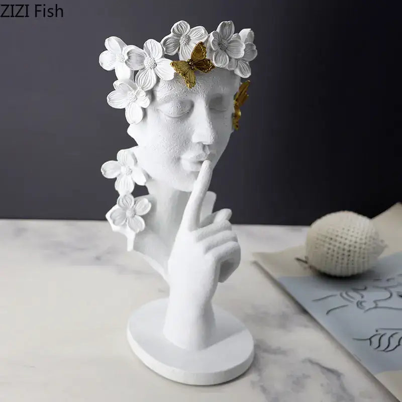 White resin sculpture of a woman with flower crown and golden butterflies garland figure decorbites gold silence decor