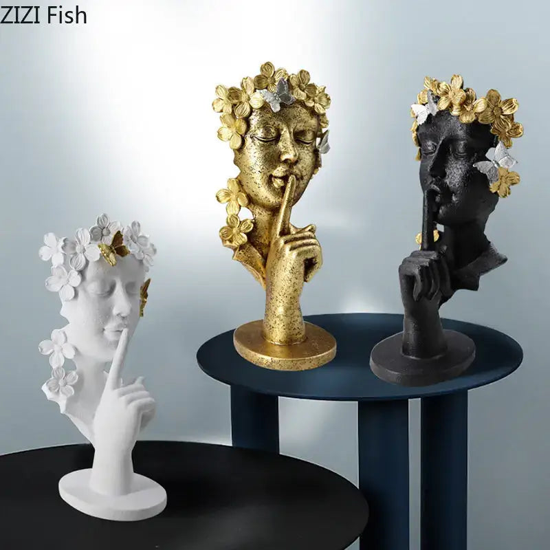 Three resin sculpture garland figures in white gold leaf and matte black with floral wreaths for living room decorbites gold silence