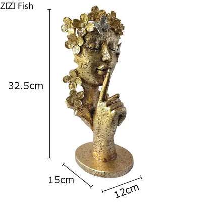 Gold white and black garland figure resin sculpture of a serene woman with floral wreath and butterflies for living room decorbites gold silence