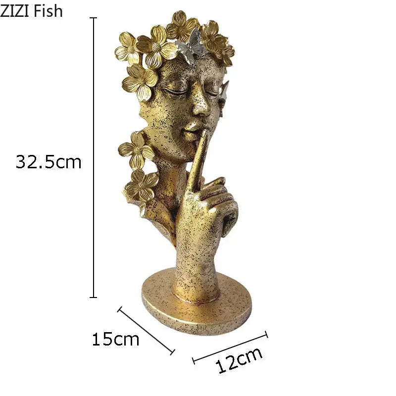 Gold white and black garland figure resin sculpture of a serene woman with floral wreath and butterflies for living room decorbites gold silence
