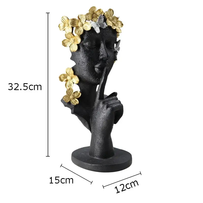 Black resin sculpture garland figure of woman with gold and silver flowers making shh gesture decorbites gold silence decor