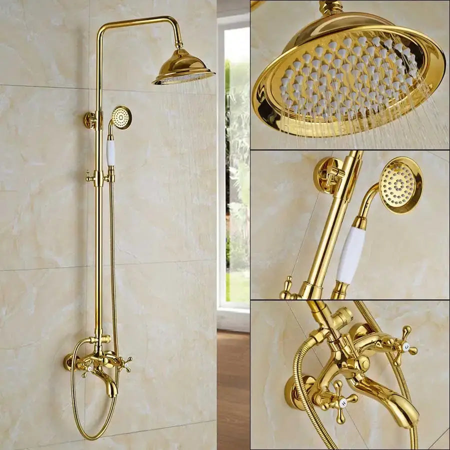 Gold finished brass dual handle wall mounted rainfall shower system with large rainhead and white ceramic handles