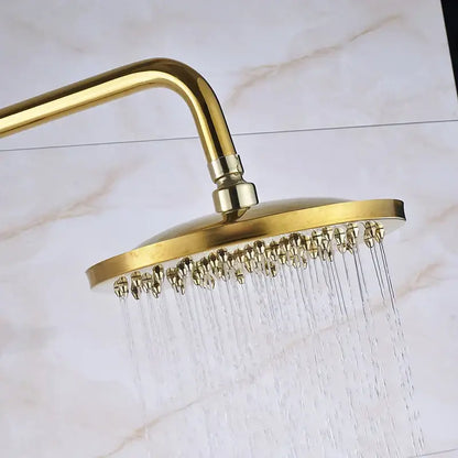 Gold-colored round showerhead with multiple jets and sleek metallic finish in decorbites dual handle wall mounted rainfall shower system