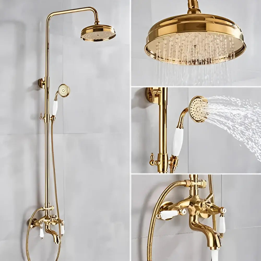 Gold and white dual handle wall mounted rainfall shower system with gold finish and white ceramic handles by decorbites dual handle
