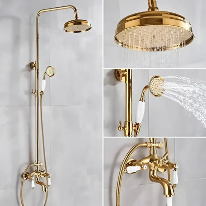 Gold and white dual handle wall mounted rainfall shower system with gold finish and white ceramic handles by decorbites dual handle