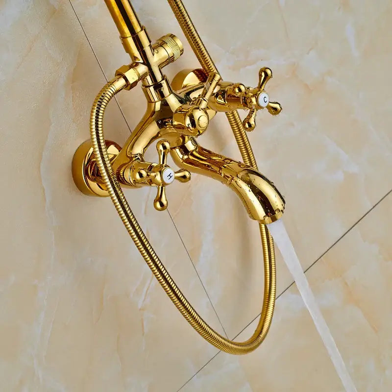 Gold finished dual handle wall mounted bathtub faucet with three cross handles and flexible shower hose by decorbites