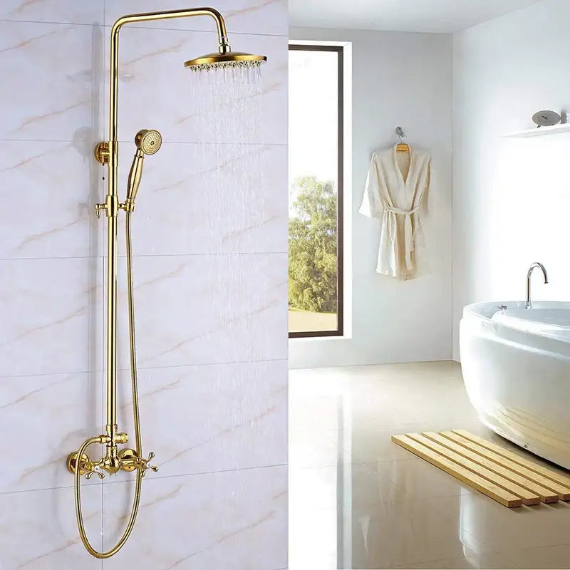 Gold and white dual handle wall mounted rainfall shower system in gold finished brass with rainhead and handheld spray nozzle