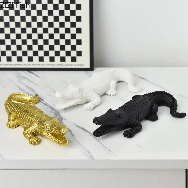 Three crocodile resin sculptures in gold white and black resin for decorbites crocodile resin desk or living room decor