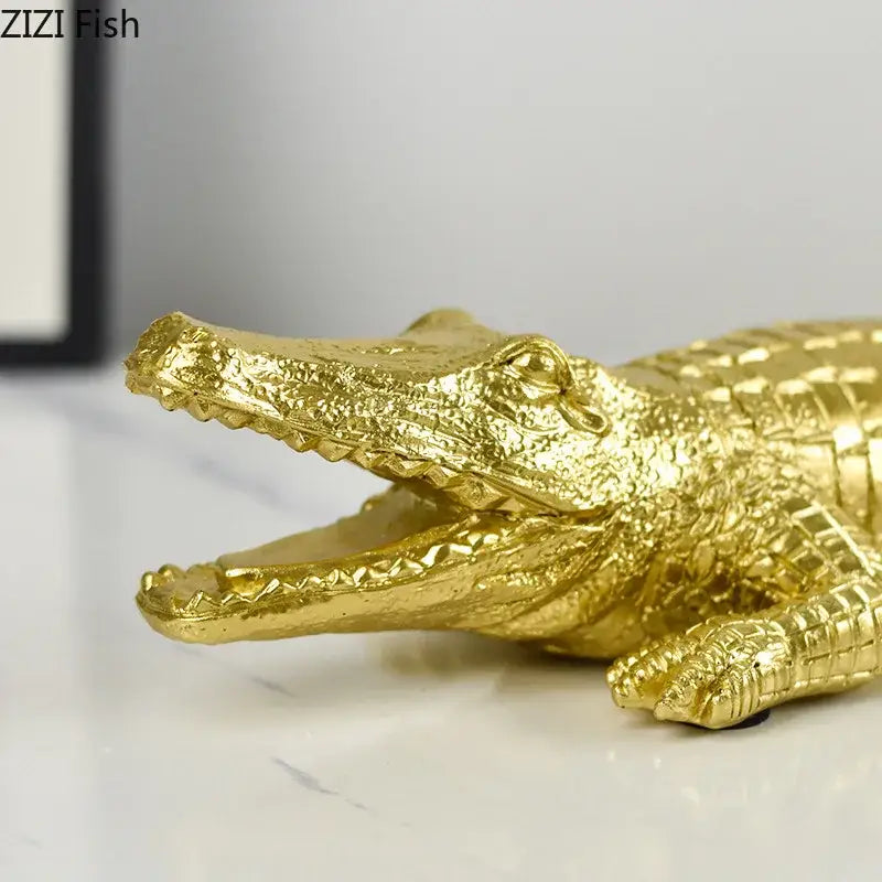 Gold white and rainbow crocodile resin sculpture with detailed scales and open jaws for decorbites resin sculpture desk decor