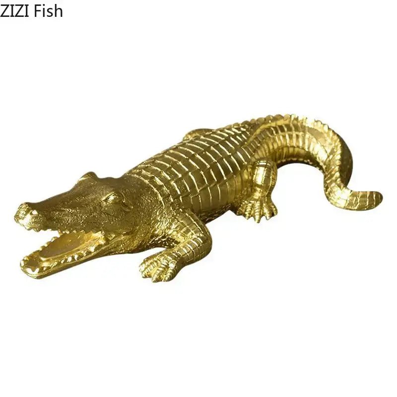 Golden metallic crocodile resin sculpture with detailed scales and open mouth for desk or living room decorbites crocodile resin