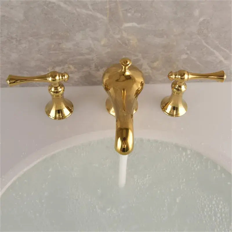 Gold widespread bathroom faucet with polished brass three-handle ornate lever design by decorbites gold widespread