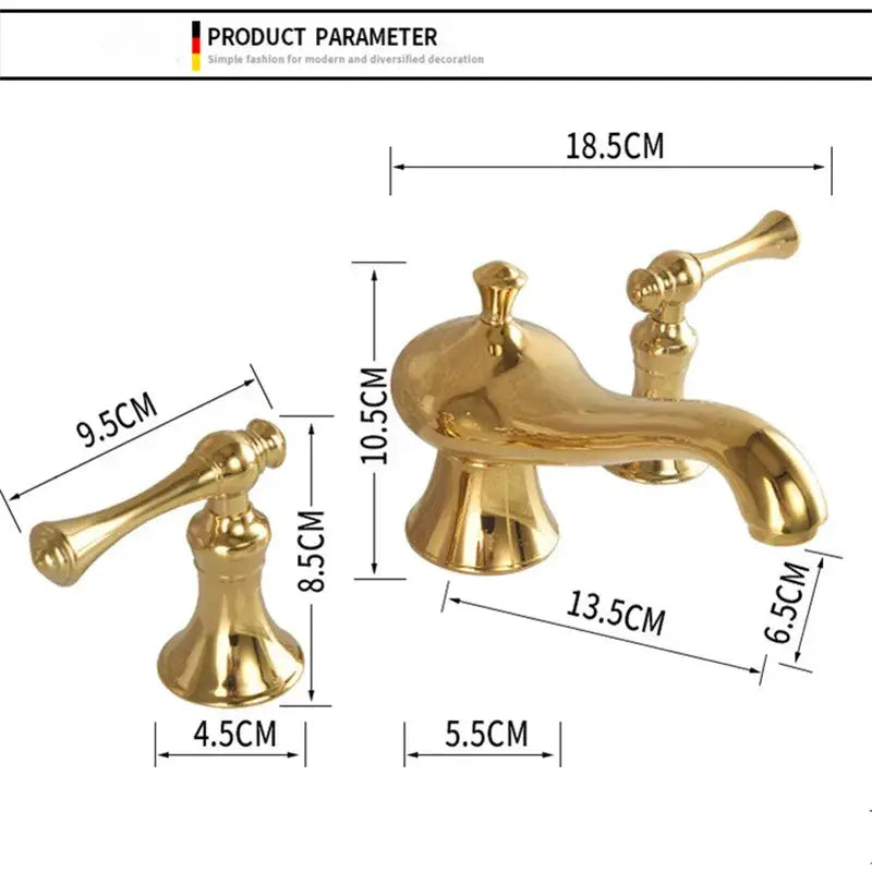 Gold widespread bathroom faucet with vintage-style ornate lever handles and curved waterfall spout by decorbites