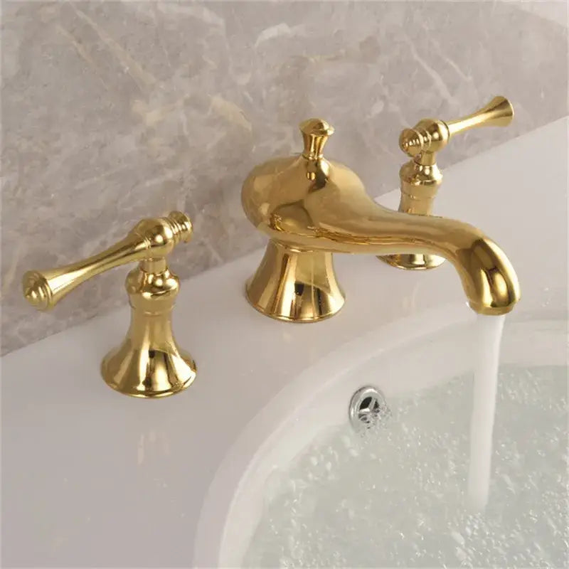 Gold widespread bathroom faucet with three lever handles classic design and polished finish for decorbites gold widespread
