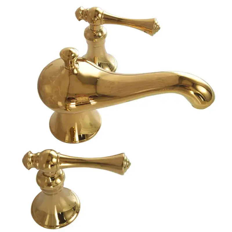 Brass-finished decorbites gold widespread bathroom faucet with waterfall design and ornate lever handles for elegant decor