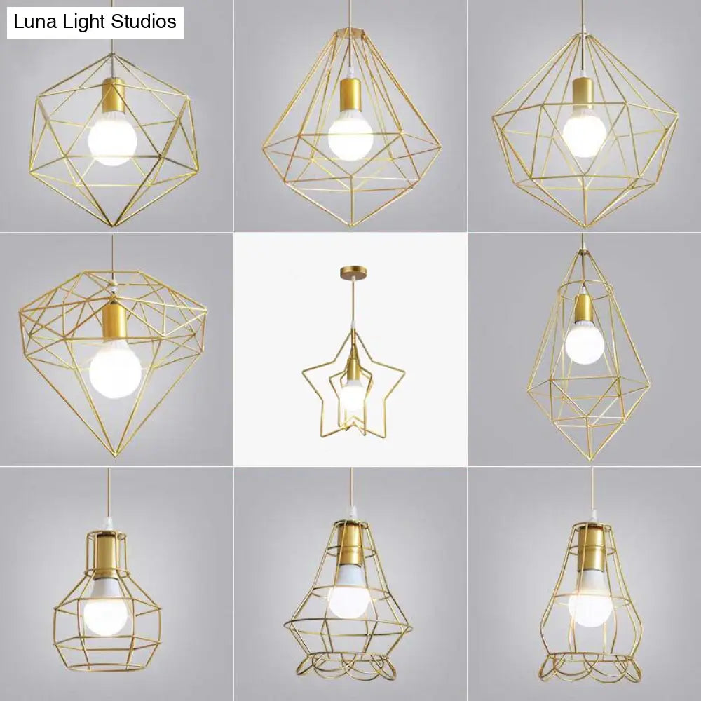 Gold Wire Cage Pendant Light - Nordic Style Ceiling Lamp for Dining Room