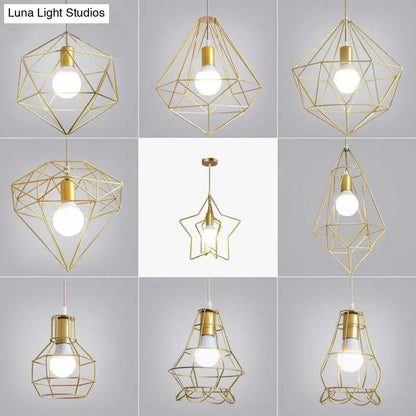 Gold Wire Cage Pendant Light - Nordic Style Ceiling Lamp for Dining Room