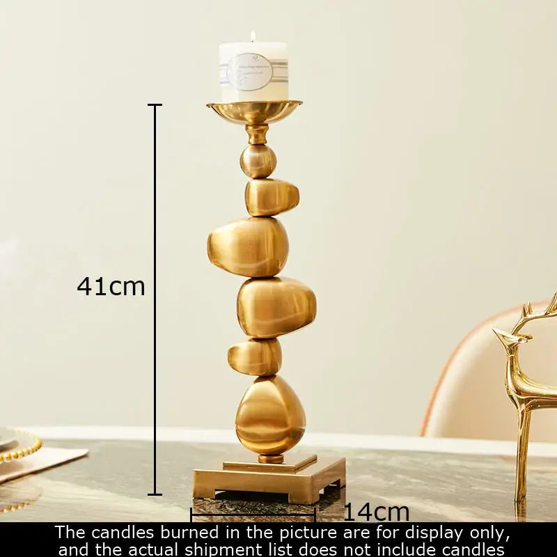 A 41cm gold-toned decorbites golden alloy stone candle holder with polished spheres and square base for living room decor