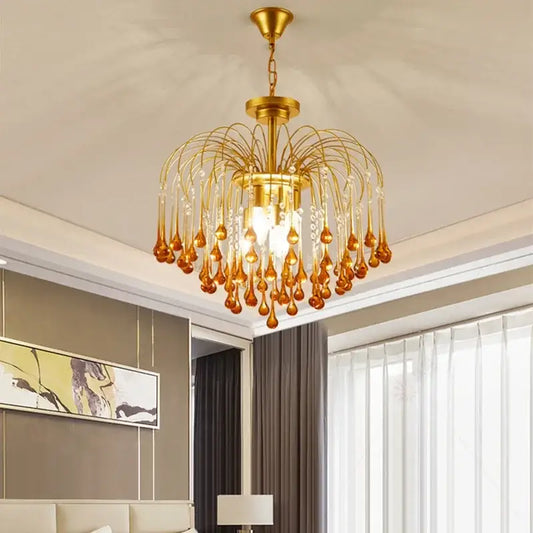 Golden amber crystal water drop chandelier with dangling clear and amber glass teardrop crystals for dining room light