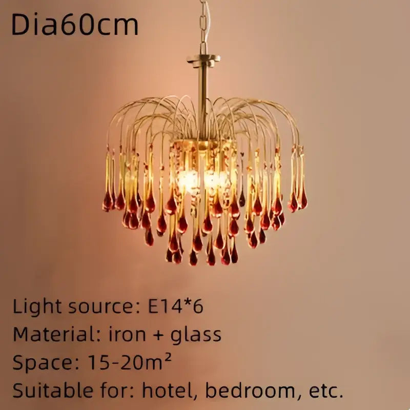 Golden amber crystal water drop chandelier with cascading glass teardrop pendants and iron frame for dining room light