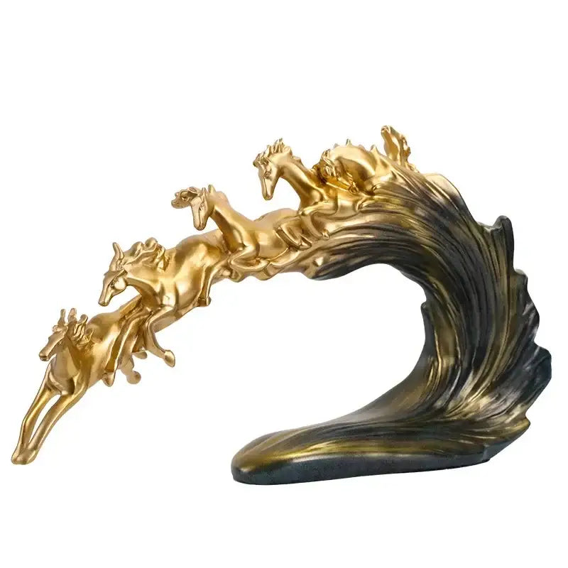 Golden and blue galloping horse luxury sculpture with flowing wave base featuring four dynamic horses for decorbites galloping horse decor