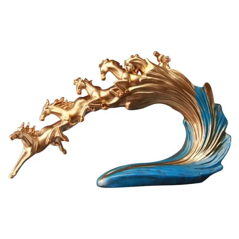 Golden and blue galloping horse luxury sculpture with dynamic motion on flowing wave base for living room decorbites decor