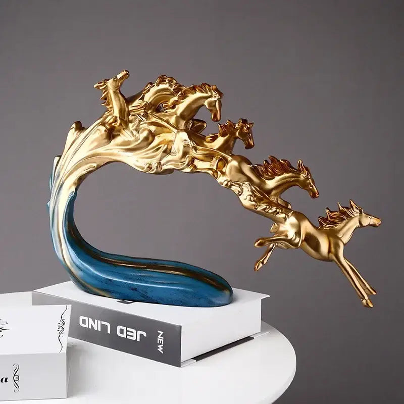 Golden and blue galloping horse luxury sculpture in glossy resin for elegant living room decorbites galloping horse