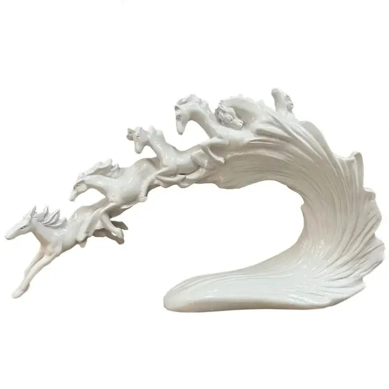 White ceramic decorbites galloping horse luxury sculpture of five horses over a stylized wave for living room decor