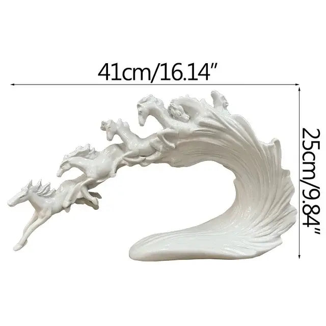 White ceramic decorbites galloping horse luxury sculpture of five horses over a stylized wave for living room decor