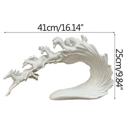 White ceramic decorbites galloping horse luxury sculpture of five horses over a stylized wave for living room decor