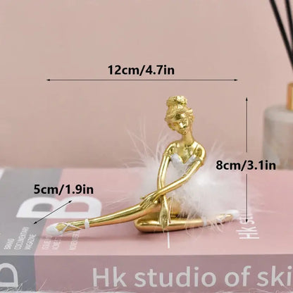 Golden and white ballet girl resin figurine with feathered tutu for bedroom desktop decor