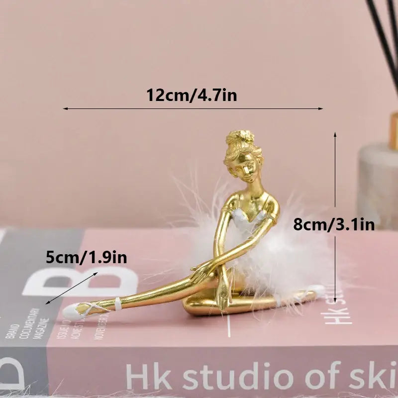 Golden and white ballet girl resin figurine with feathered tutu for bedroom desktop decor